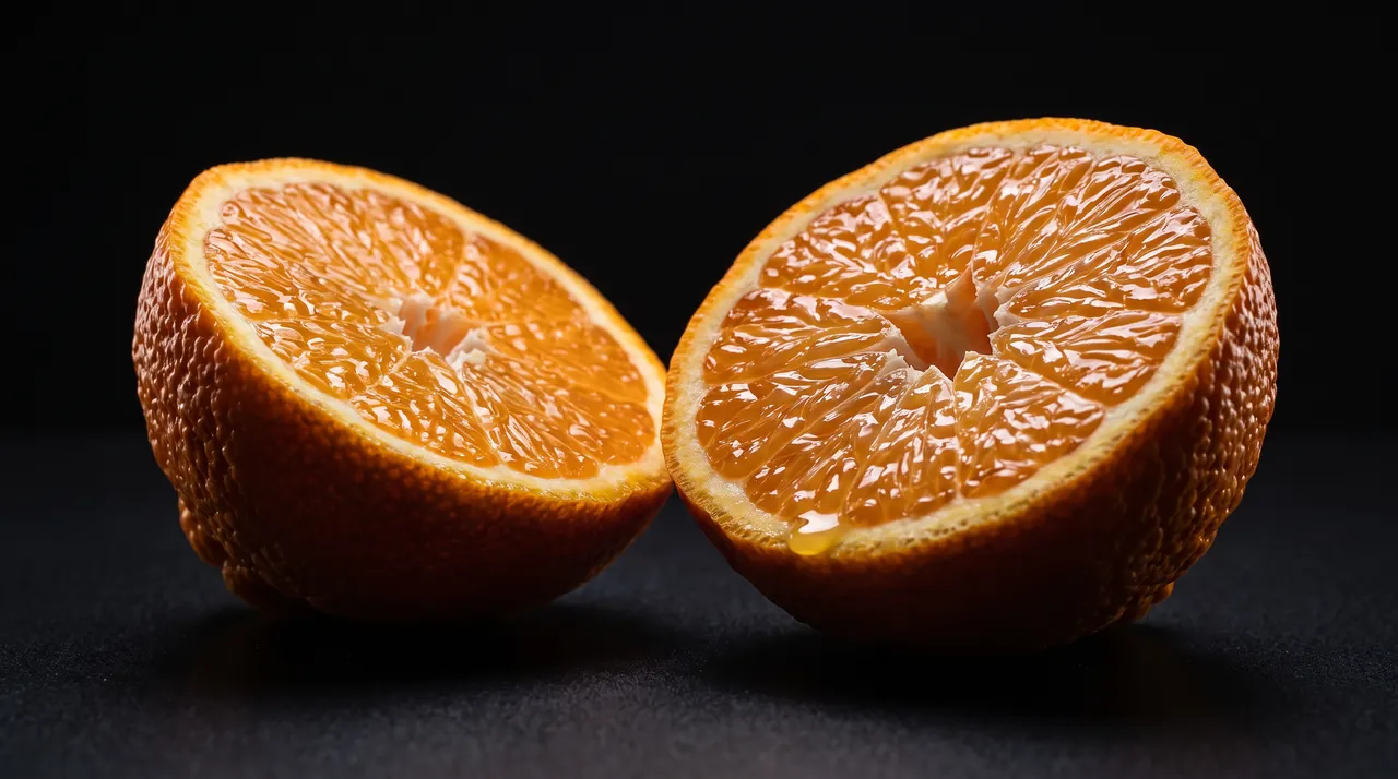 A mandarin cut in half, both cut faces turned up on a dark table